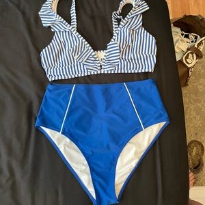 Cupshe Blue Striped High Waisted Bikini